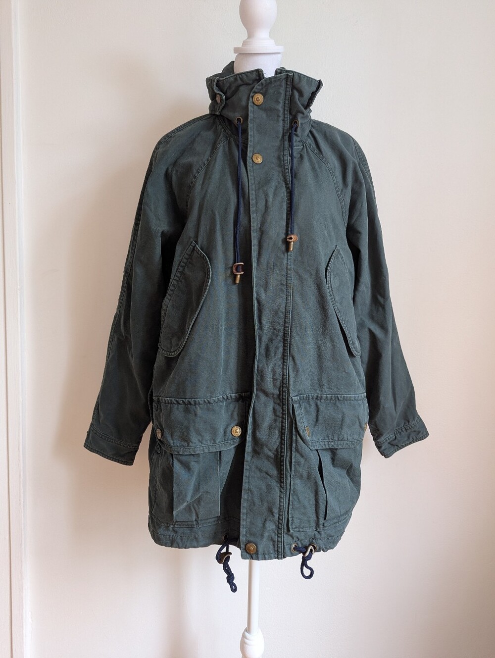 VTG 80s 90s Mens Banana Republic Teal Denim Utility Parka With Leather Accent S